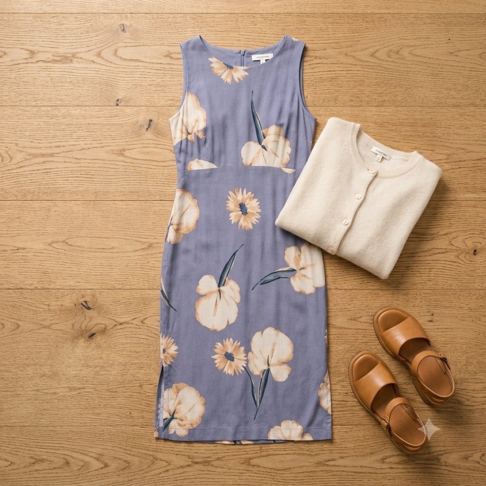 90s Slate Blue Floral Sleeveless Midi Dress Sz 5 Soft Girl Romantic Cottagecore